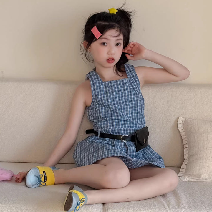 【100-150】チェック柄ノースリーブミニワンピース