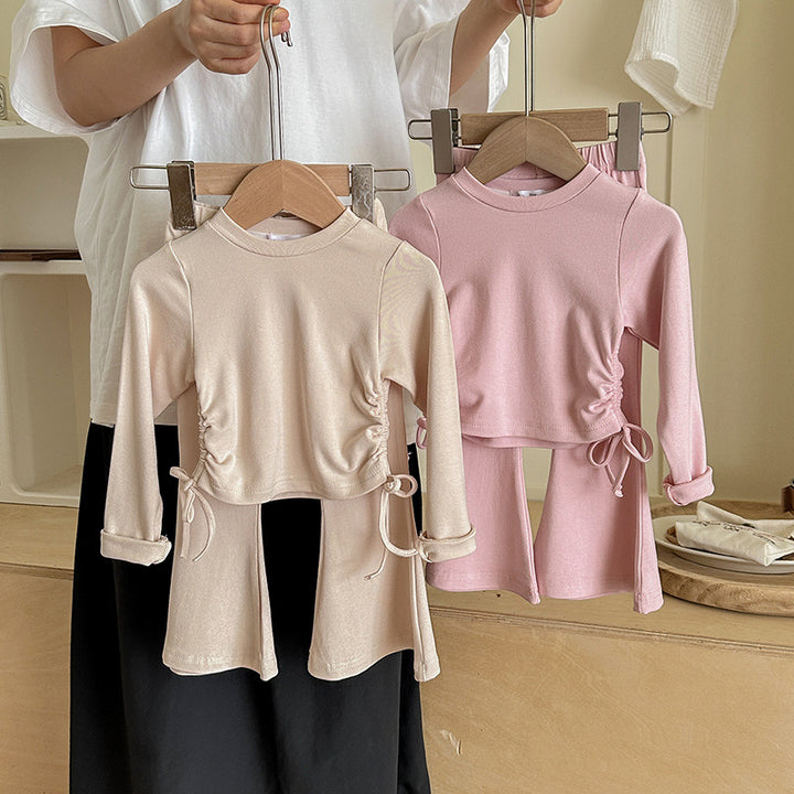 【90-140】ウエストシャーリングトップス×フレアパンツセット