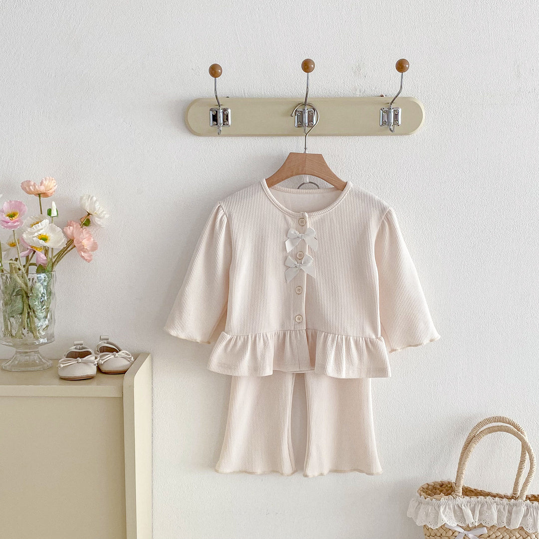 【80-130】フリルヘムカーデ×ロングパンツセット