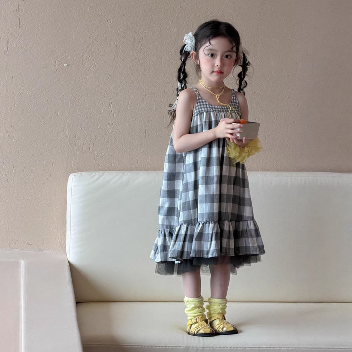 【90-150】フリルヘムギンガムチェックキャミワンピース