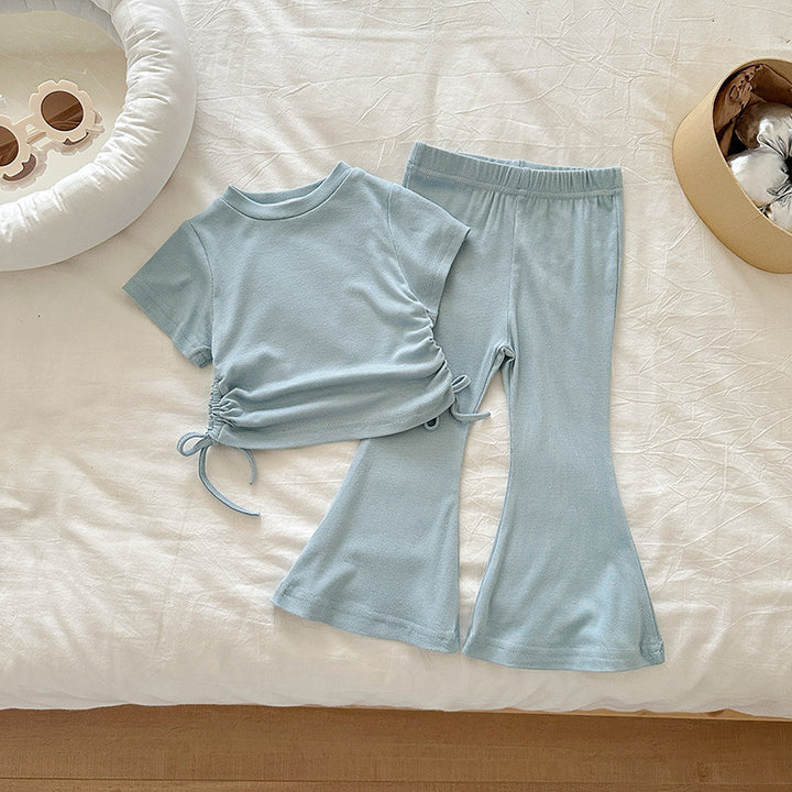 【90-140】ウエストシャーリングTシャツ×フレアパンツセット