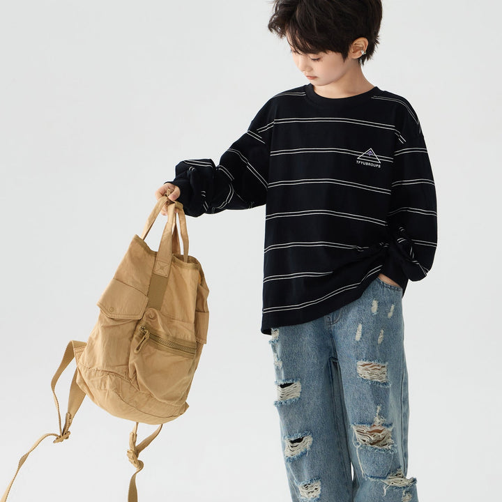 【100-150】ボーダーデザインロングTシャツ