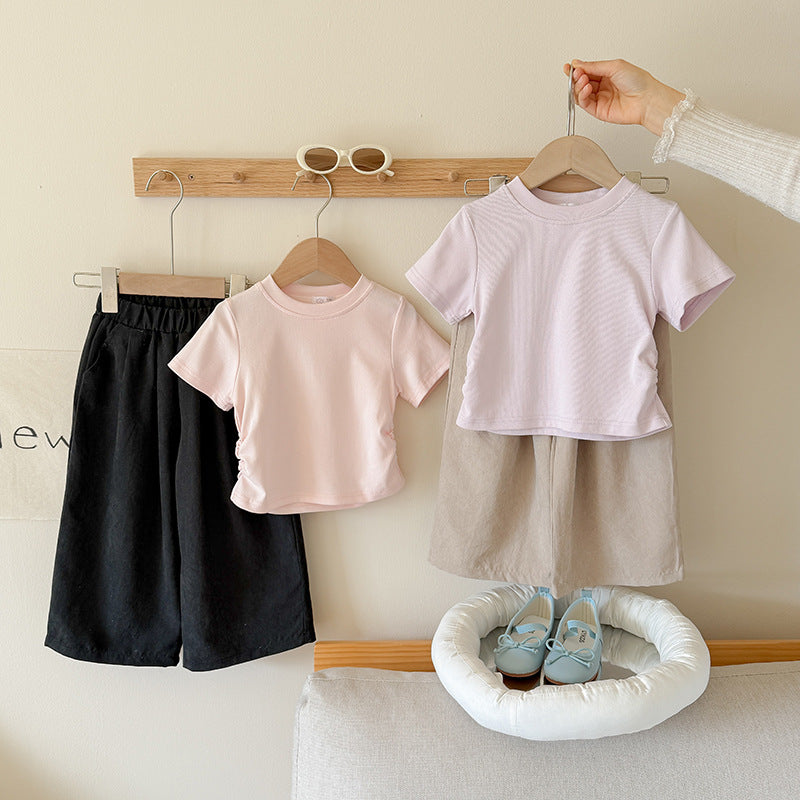 【90-150】ギャザーTシャツ×ロングパンツセット
