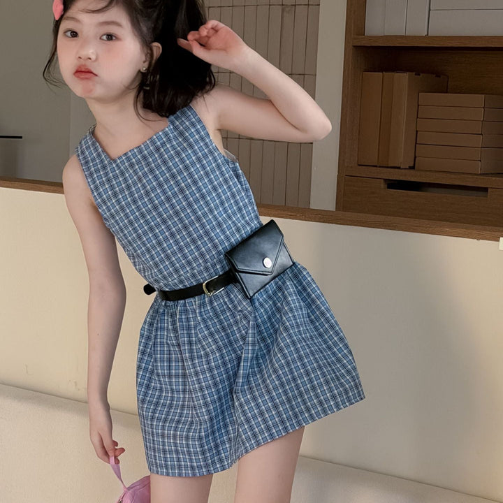 【100-150】チェック柄ノースリーブミニワンピース