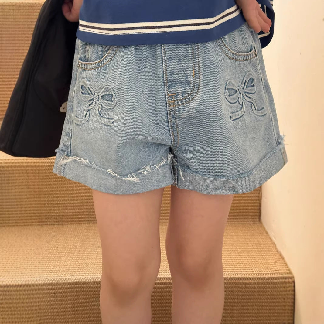 【120-150】ダブルリボンロールアップデニムショートパンツ