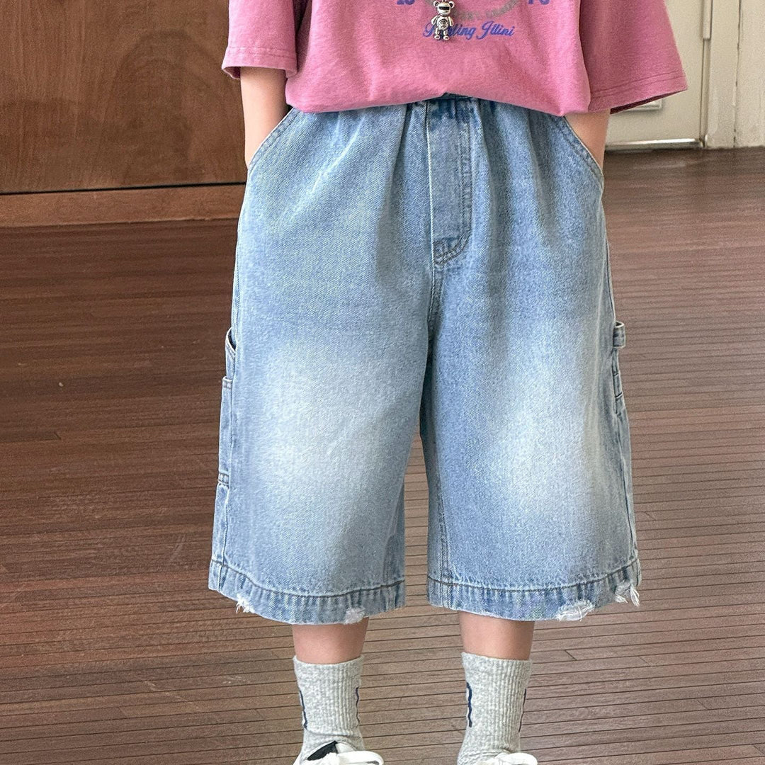 【90-150】ユーズド加工風ミドル丈ワイドデニムパンツ