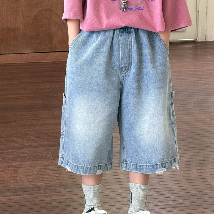 【90-150】ユーズド加工風ミドル丈ワイドデニムパンツ