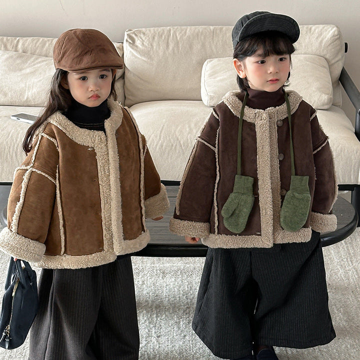 【80-140】ノーカラーフェイクムートンジャケット