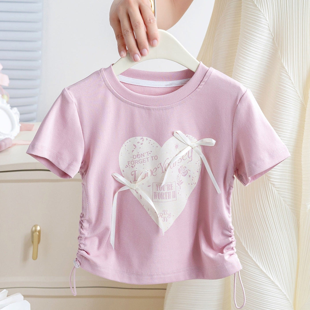 【80-130】サイドギャザーキュートデザインTシャツ