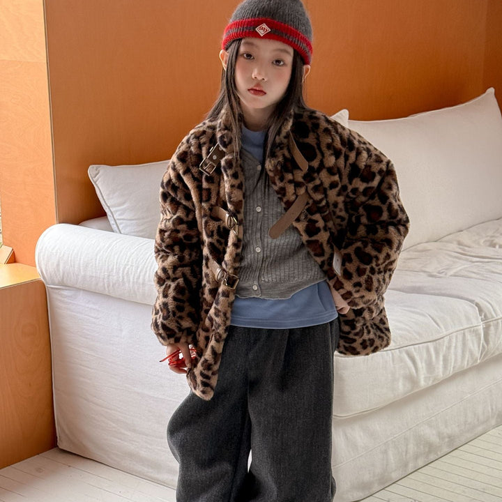 【100-150】レオパード柄スタンドカラーショートコート