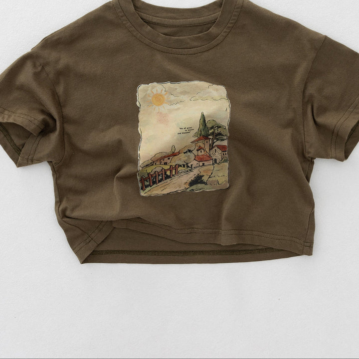 【90-130】アートプリントショート丈Tシャツ