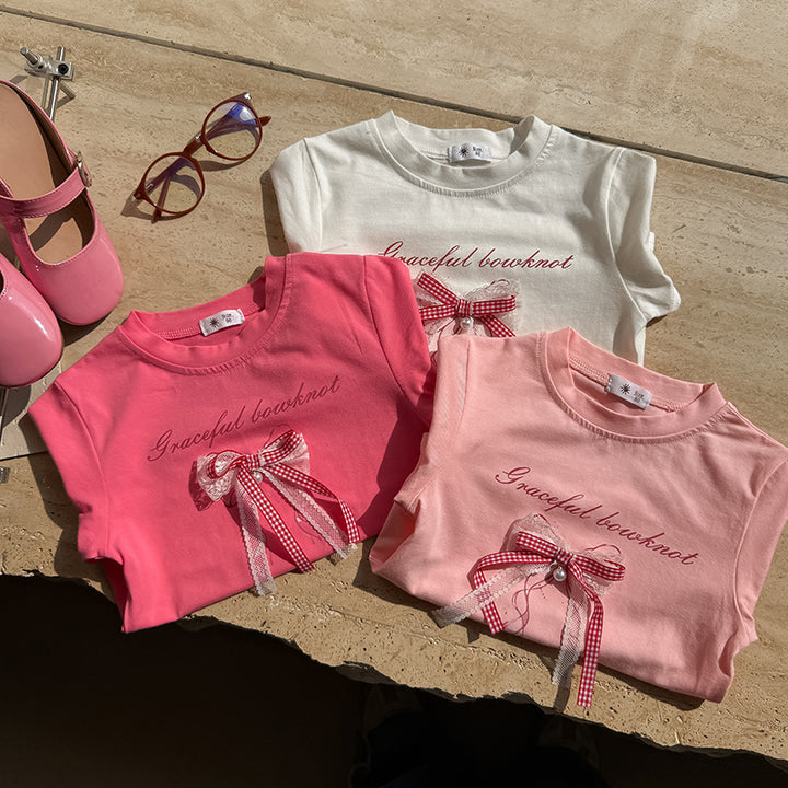 【90-150】レース＆チェック柄リボンTシャツ