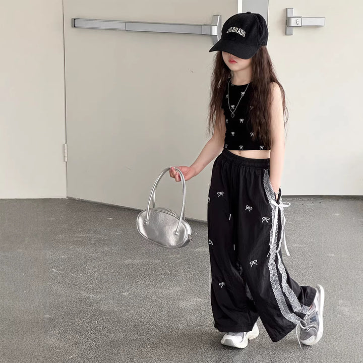 【100-150】レース＆リボンデザインロングパンツ