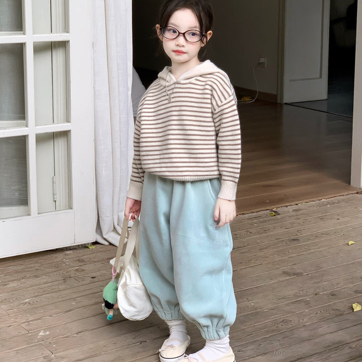 【90-140】ボーダー柄フーディーニット