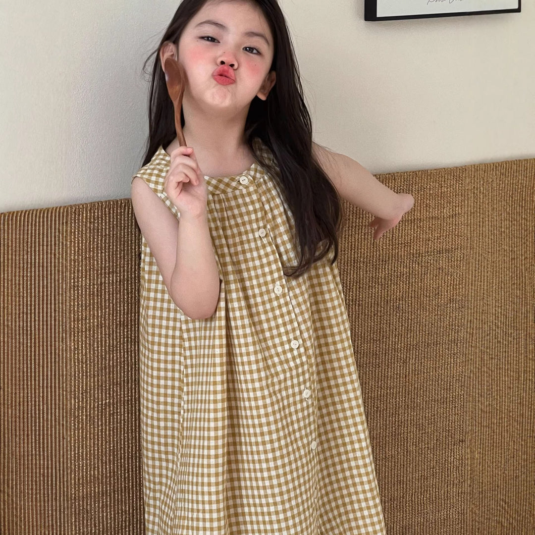 【90-150】ギンガムチェックノースリーブシャツワンピース