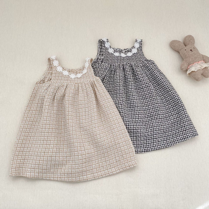 【80-130】フラワーモチーフチェック柄ワンピース