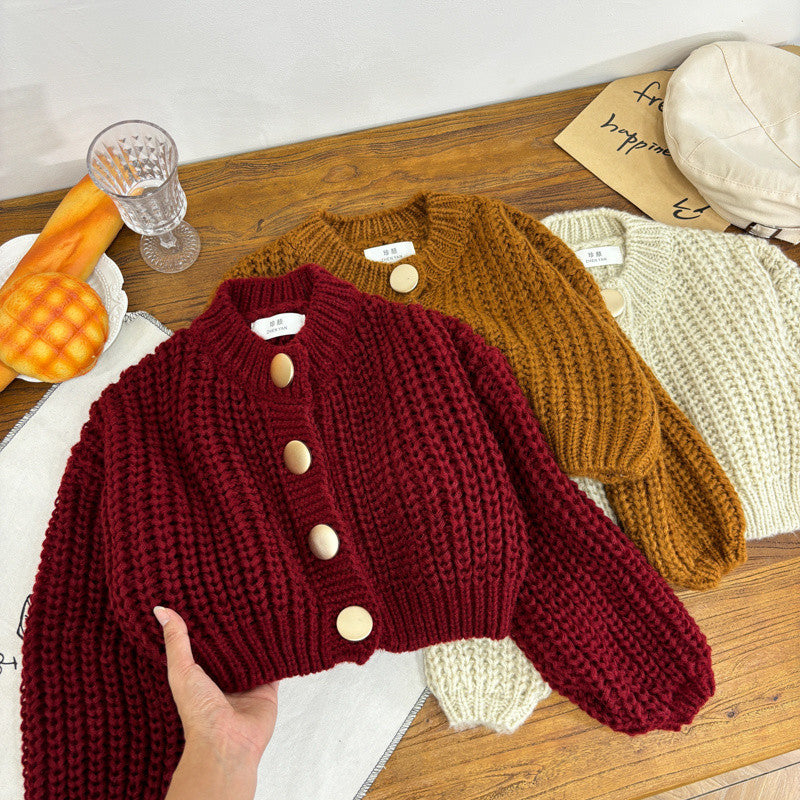 100-150】ビッグボタンショート丈ニットカーディガン｜ELMO-こども服