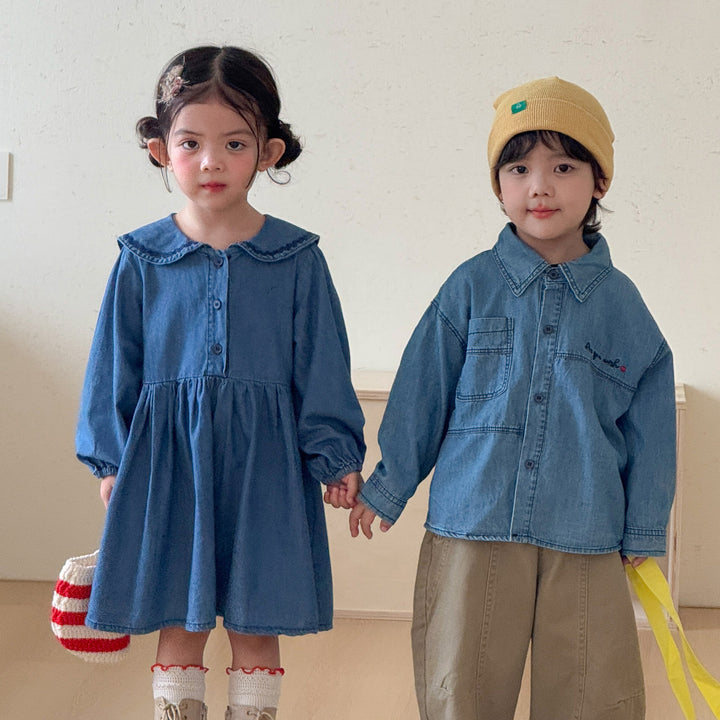 【80-150】ワンポイントロゴデニムシャツ