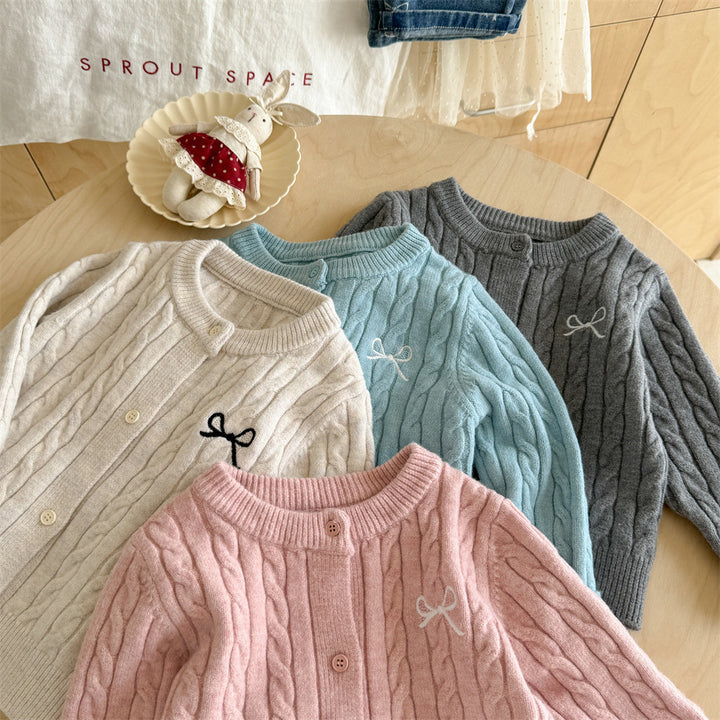 【90-140】ワンポイントリボンケーブル編みカーディガン