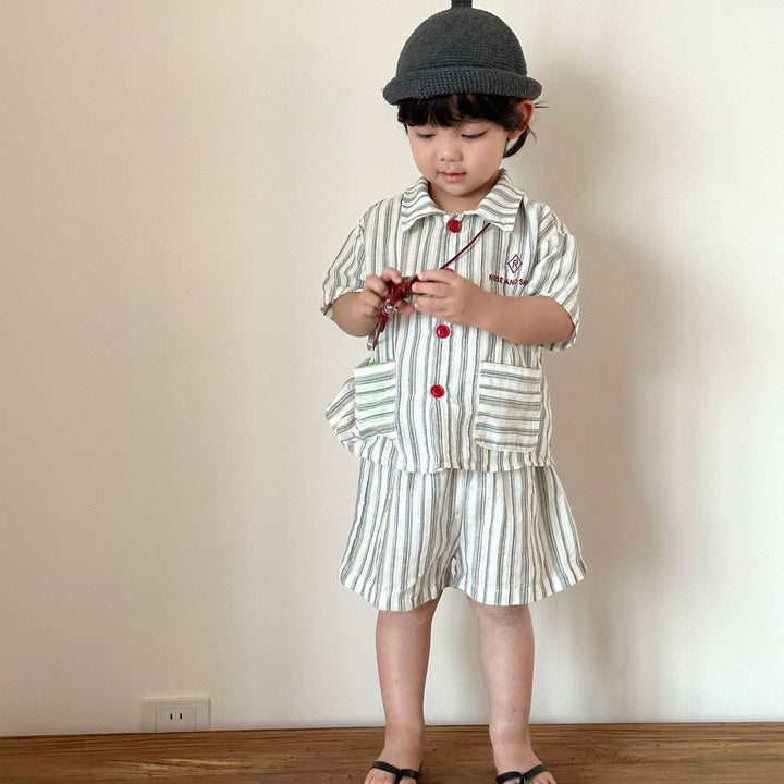 【80-150】ストライプデザイン半袖セットアップ