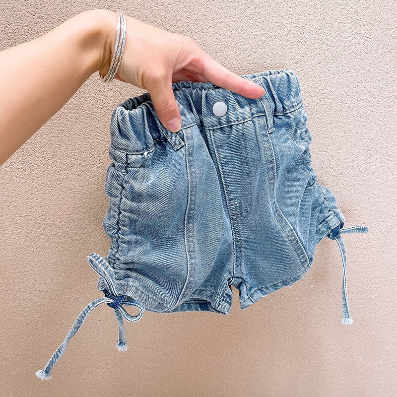 【100-150】サイドギャザーデニムショートパンツ