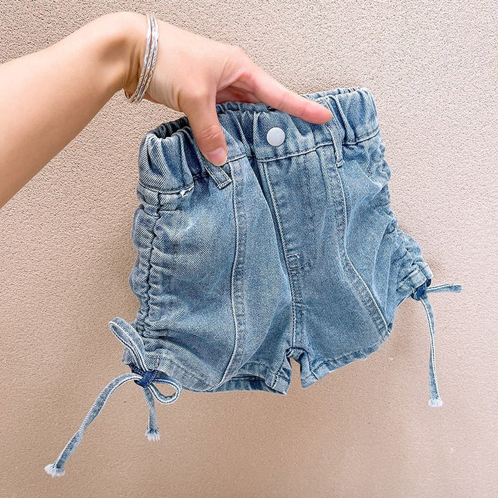 【100-150】サイドギャザーデニムショートパンツ