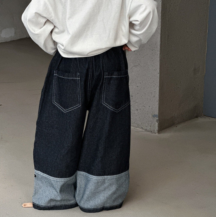 【90-150】ヘムデザインワイドデニムパンツ