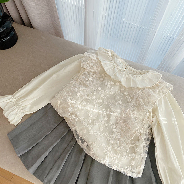 【80-130】ラッフルカラーシャツ×レースベストセット