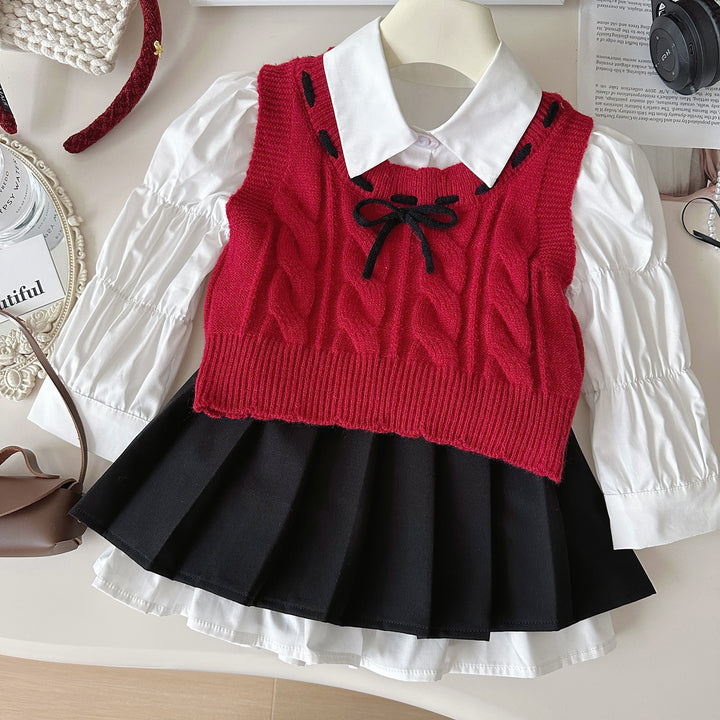 【90-140】ブラウス×ニットベスト×プリーツスカートセット