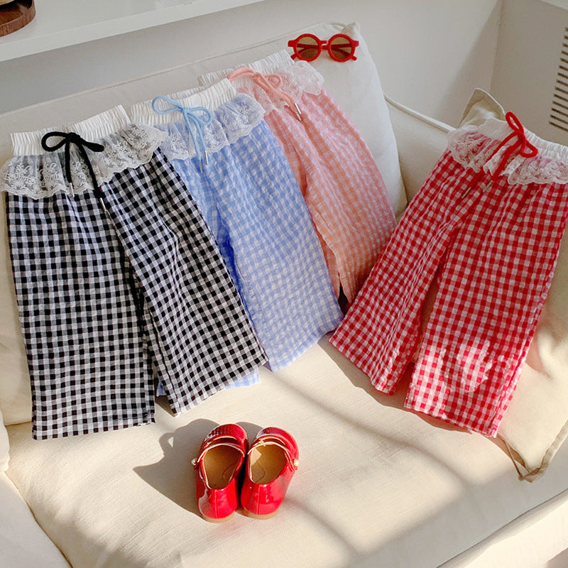 【90-150】ウエストレースギンガムチェックパンツ