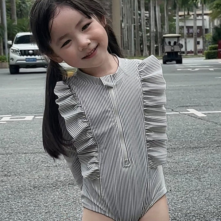 【90-140】細ストライプフリルスイムウェア