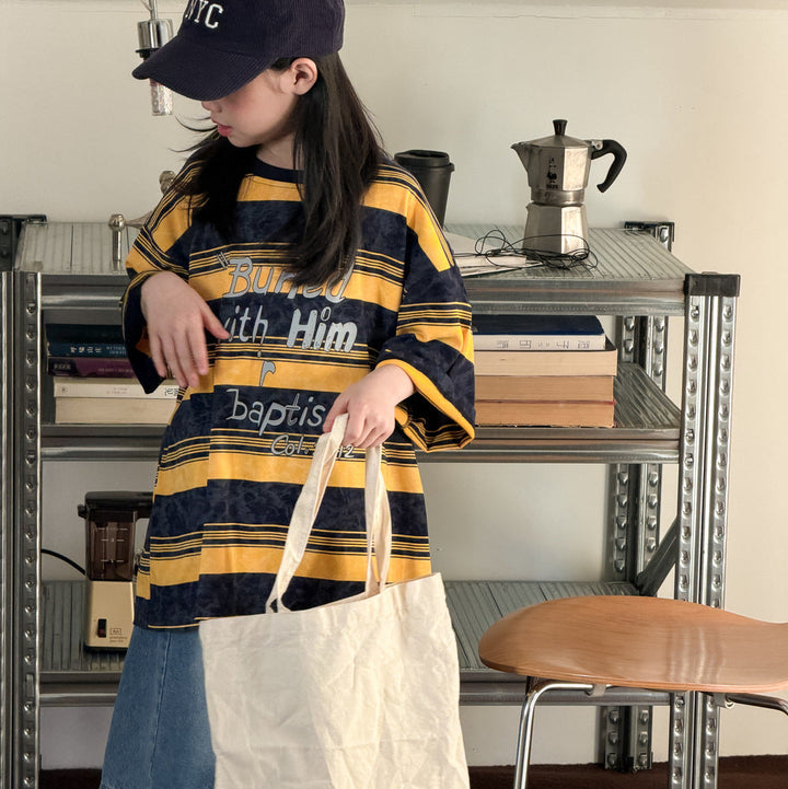 【100-150】英字ロゴデザインボーダー柄Tシャツ