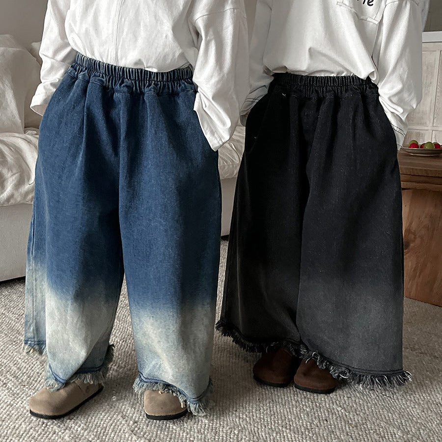 【80-140】カットオフデザインワイドデニムパンツ