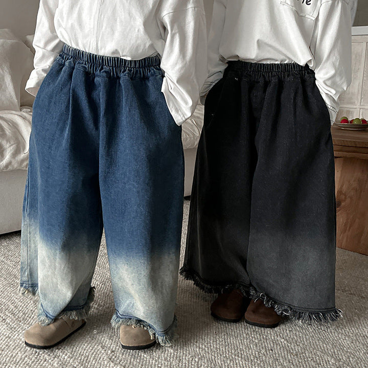 【80-140】カットオフデザインワイドデニムパンツ
