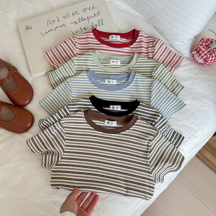 【90-140】マルチカラーシンプルボーダーTシャツ