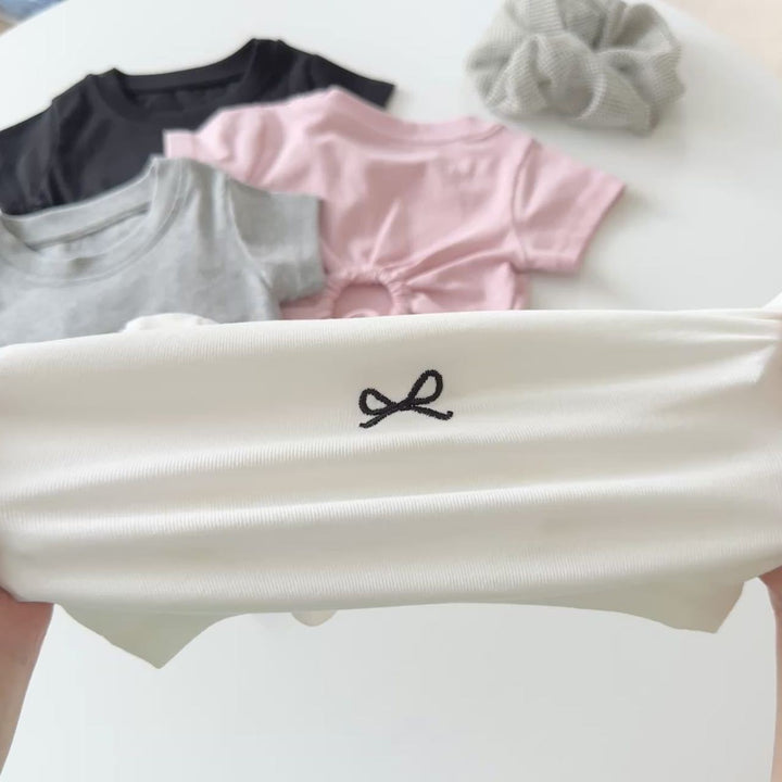 【90-140】フロントリボンバックオープンTシャツ