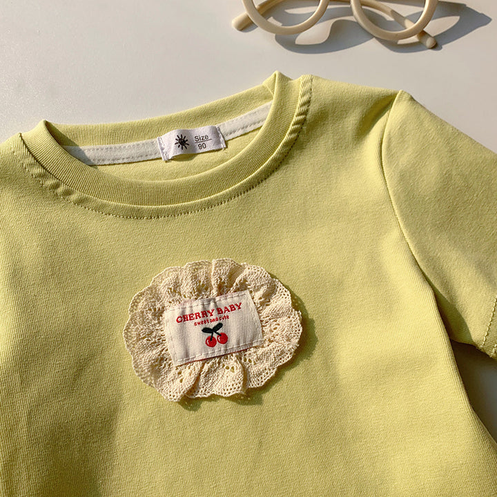 【90-140】ワンポイントワッペンレースヘムTシャツ