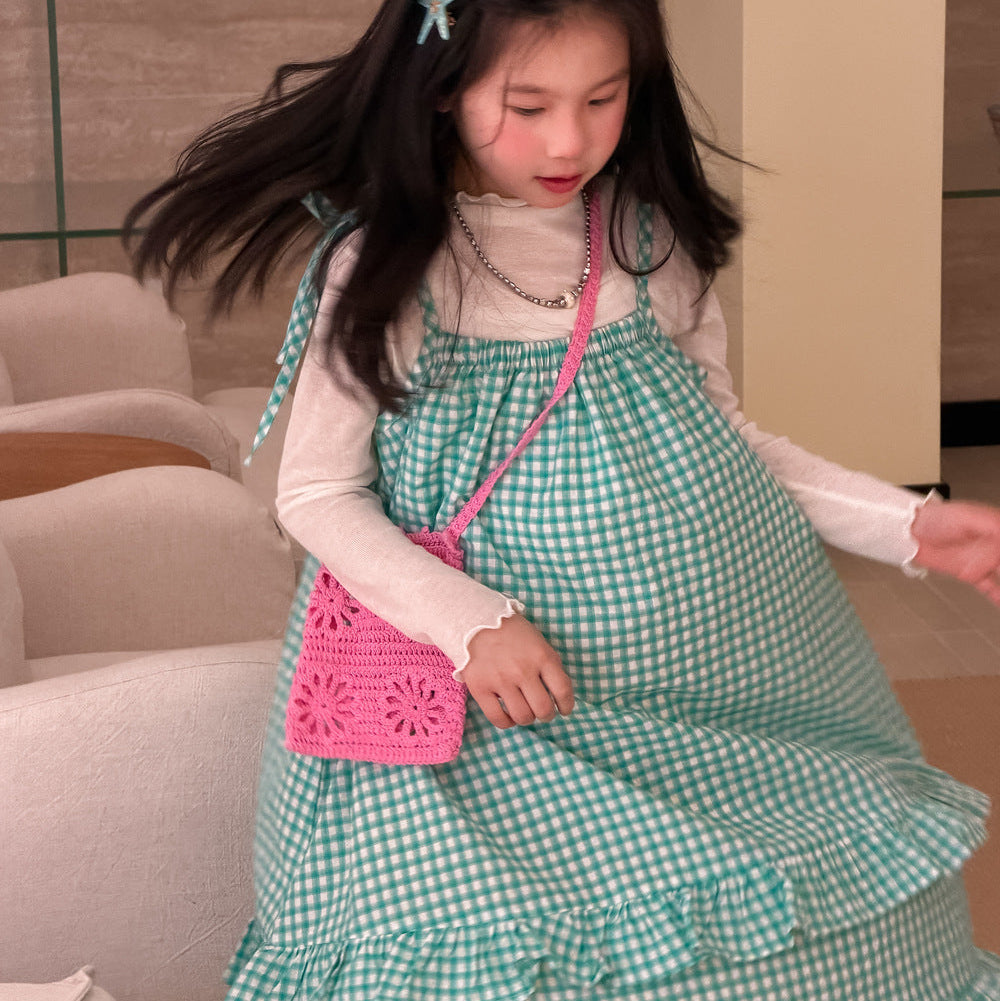 【100-150】チェック柄フリルデザインワンピース