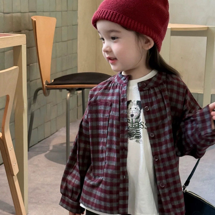 【80-130】ノーカラーチェック柄シャツ