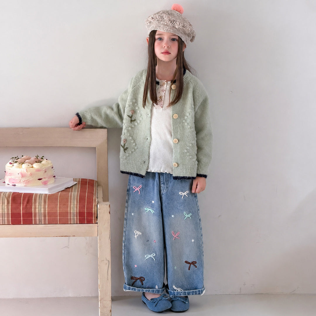 【90-150】リボン刺繍デザインジーンズ