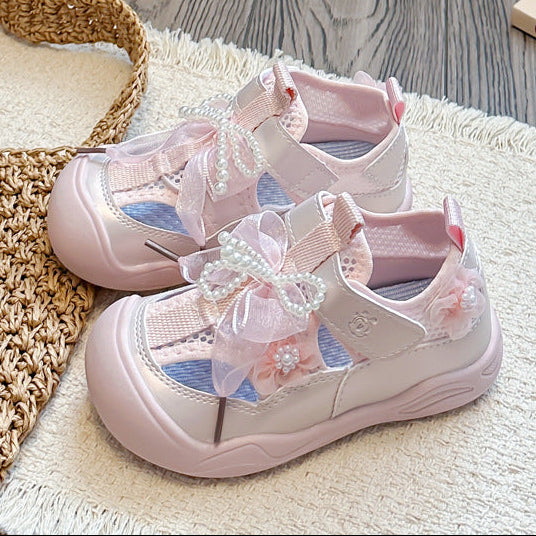 【14.5-21.5】パールフラワー＆リボンメッシュサンダル