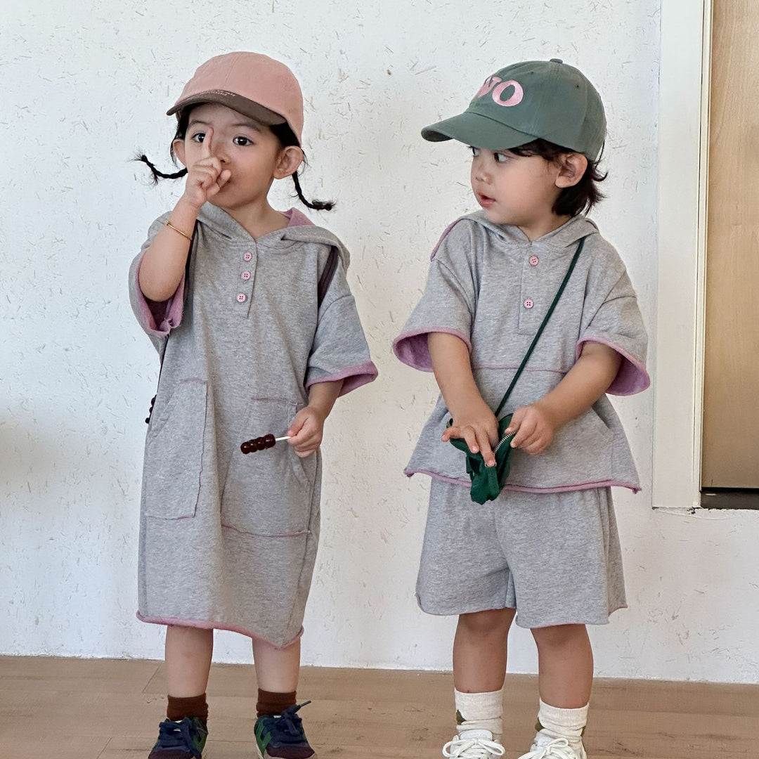 【80-150】ハーフボタンフーディートップス×ハーフパンツセット