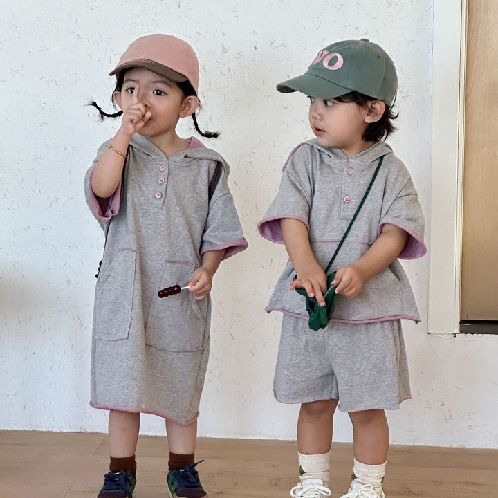 【80-150】ハーフボタンフーディートップス×ハーフパンツセット