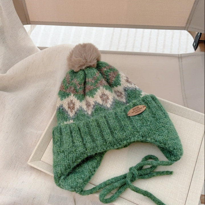 【48-52cm】ポンポン付きフェアアイル柄ニット帽
