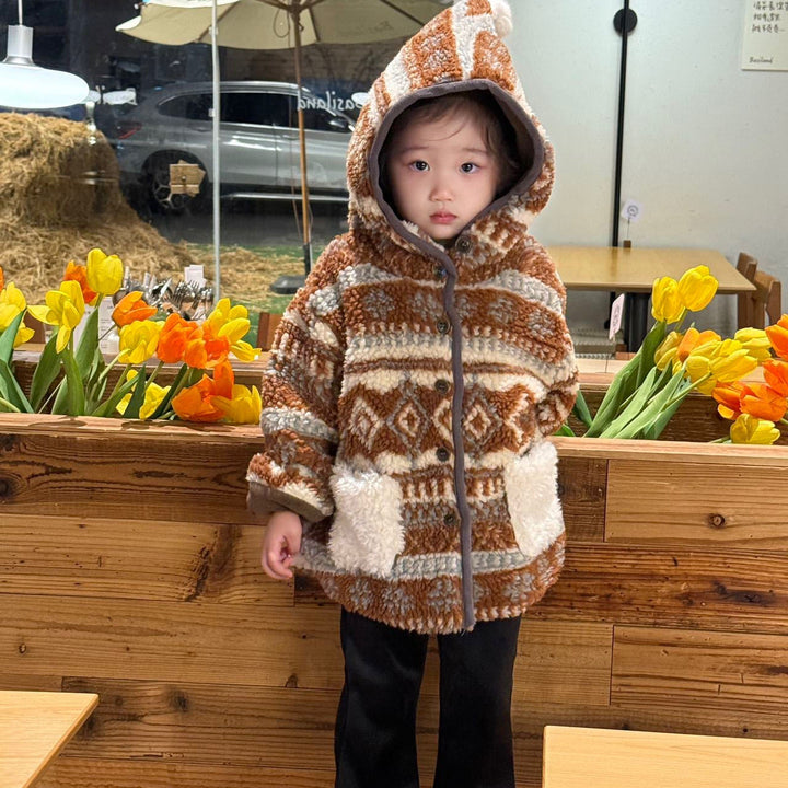 【90-140】ポンポン付きパターンプリントショートコート