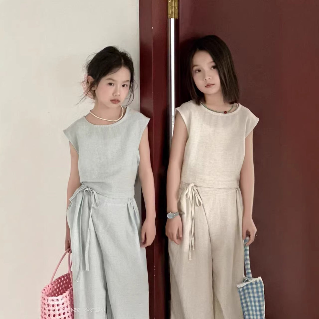【90-140】バックボタントップス×リボンロングパンツセット