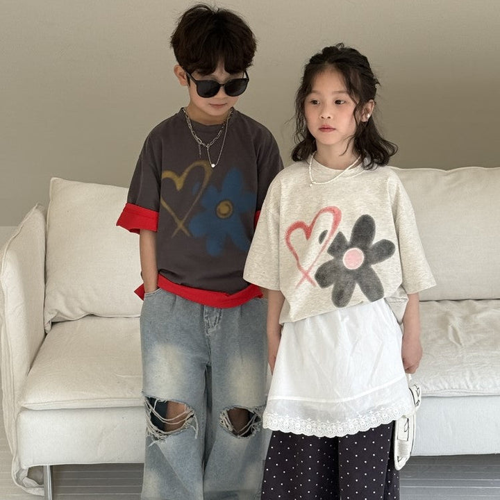 【90-150】ハート＆フラワーTシャツ