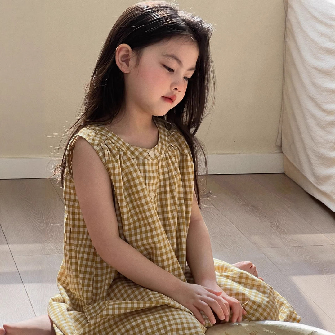 【90-150】ギンガムチェックノースリーブシャツワンピース