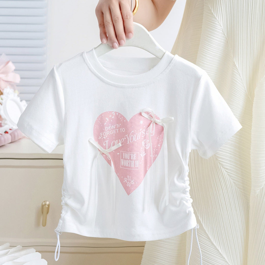 【80-130】サイドギャザーキュートデザインTシャツ