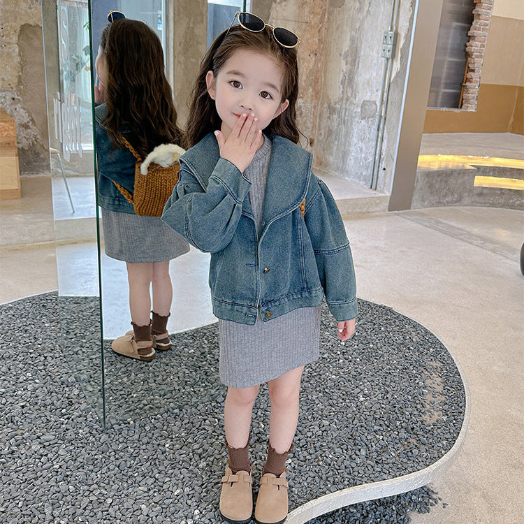 【90-140】ニットワンピース×デニムジャケットセット